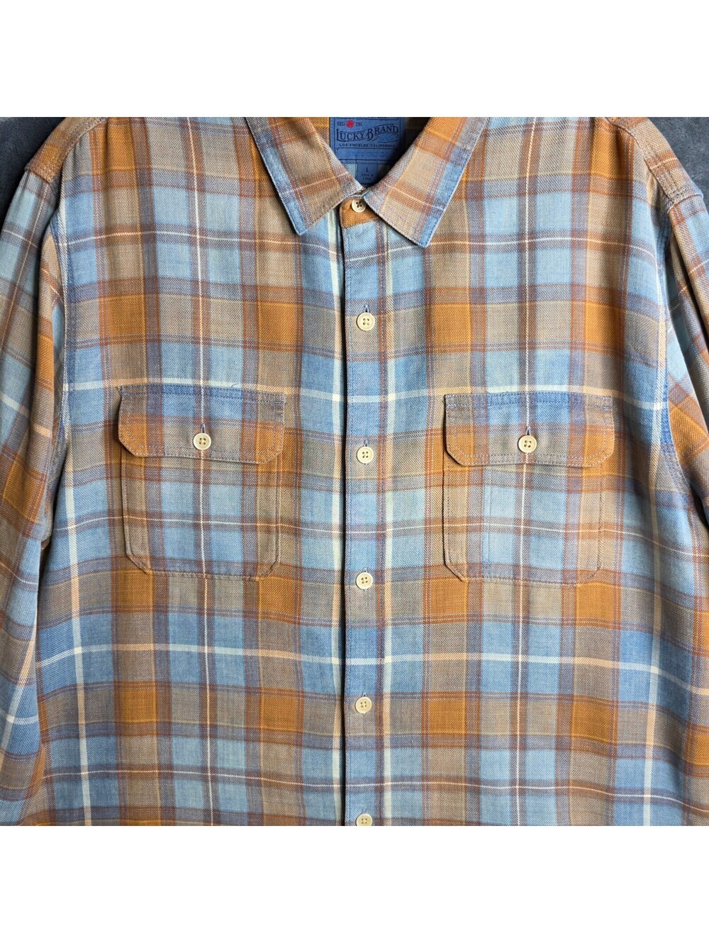 Lucky Brand men's long sleeve plaid flannel blue and mustard yellow  Sz Large. - Picture 3 of 8